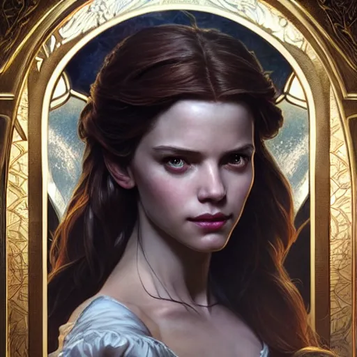 Image similar to belle beauty and the beast ; ultra realistic, concept art, intricate details, eerie, haunting, highly detailed, photorealistic, octane render, 8 k, unreal engine. art by artgerm and greg rutkowski and charlie bowater and magali villeneuve and alphonse mucha