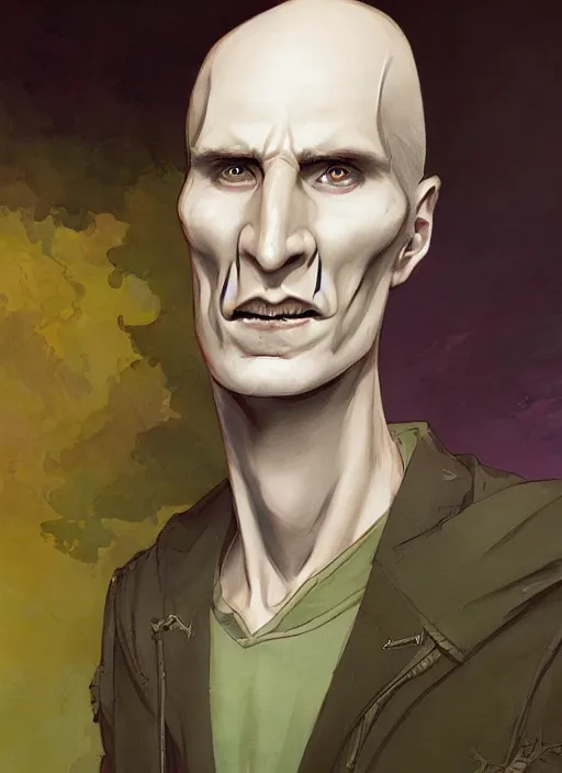 Image similar to a portrait of a male character with only flat nostrils instead of his nose of Voldemort in a scenic environment by Ross Tran and by Jesper Ejsing and by Mikalojus Konstantinas Ciurlionis