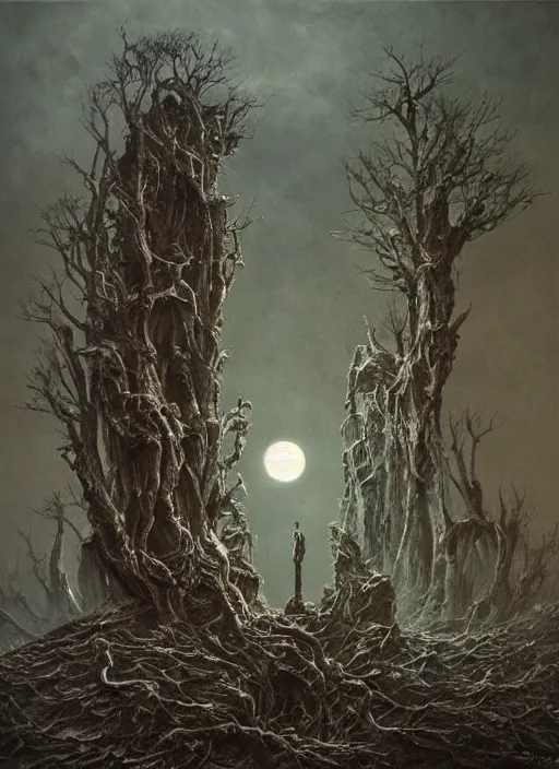 Prompt: a intricate oil painting of The Tomb in the dystopian landscape is opening through the ground, the dead has arisen under the glowing moon, dead trees and a brooding landscape by Giger and Dariusz Zawadzki and Beksinski