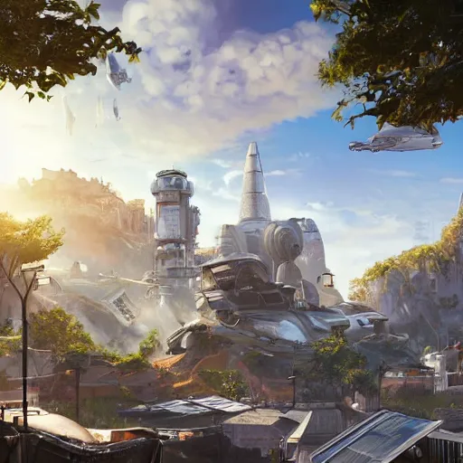 Image similar to clean white dome in a pleasant urban setting surrounded by families, in style of apex legends, art station, ultra hd, soft light, overhead sun, ultra hd, art station