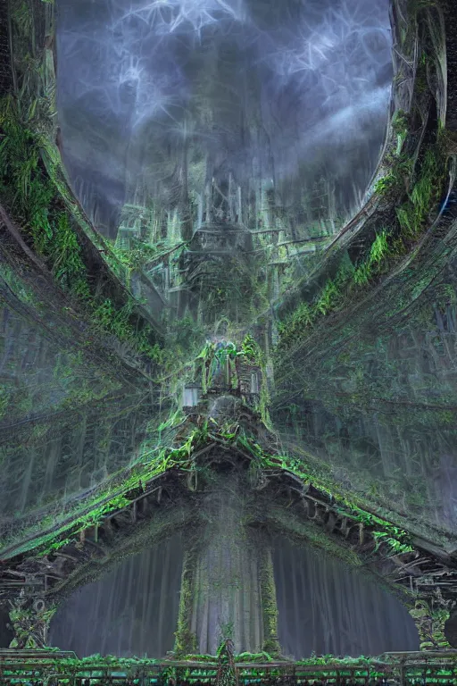 Image similar to ancient fractal temple megastructure in the hanging gardens of a radiant cathedral, overgrown garden,, scanned earth terrain bridges, erosion algorithm landscape, by albert bierdstat, by glenn small, high fantasy, high resolution, photorealism, populated by luminous beings, god rays in volumes of fog, looking up perspective