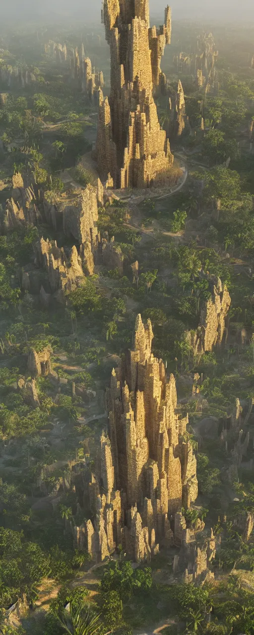 Image similar to single tower, golden babylon tower, beight stone, sacred ancient architecture, hanging gardens, cascading highrise, arid mountains with lush palm forest, sunlight, post - production, octane, cgi, sfx