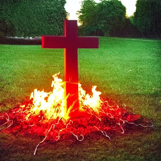 Prompt: “a burning flaming cross on fire made from twisted cables on a grass lawn at night, dark night. Flash photograph.”