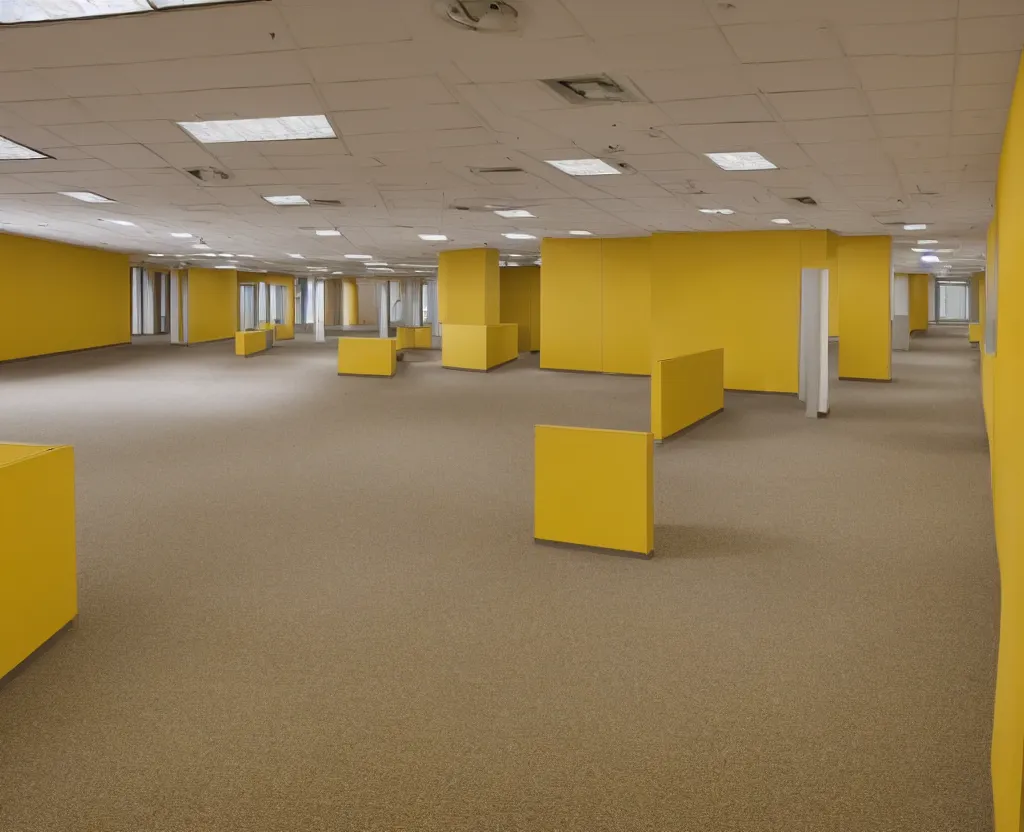 Image similar to empty 9 0 s office building with no windows doors or furniture the building has brown carpet and yellow wallpaper