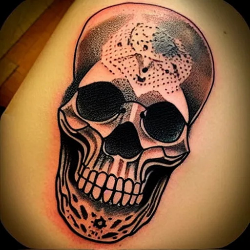 Image similar to tattoo design, stencil, tattoo stencil, traditional, a world famous tattoo of a geometric skull with a galaxy coming out of the top of its head-s 100