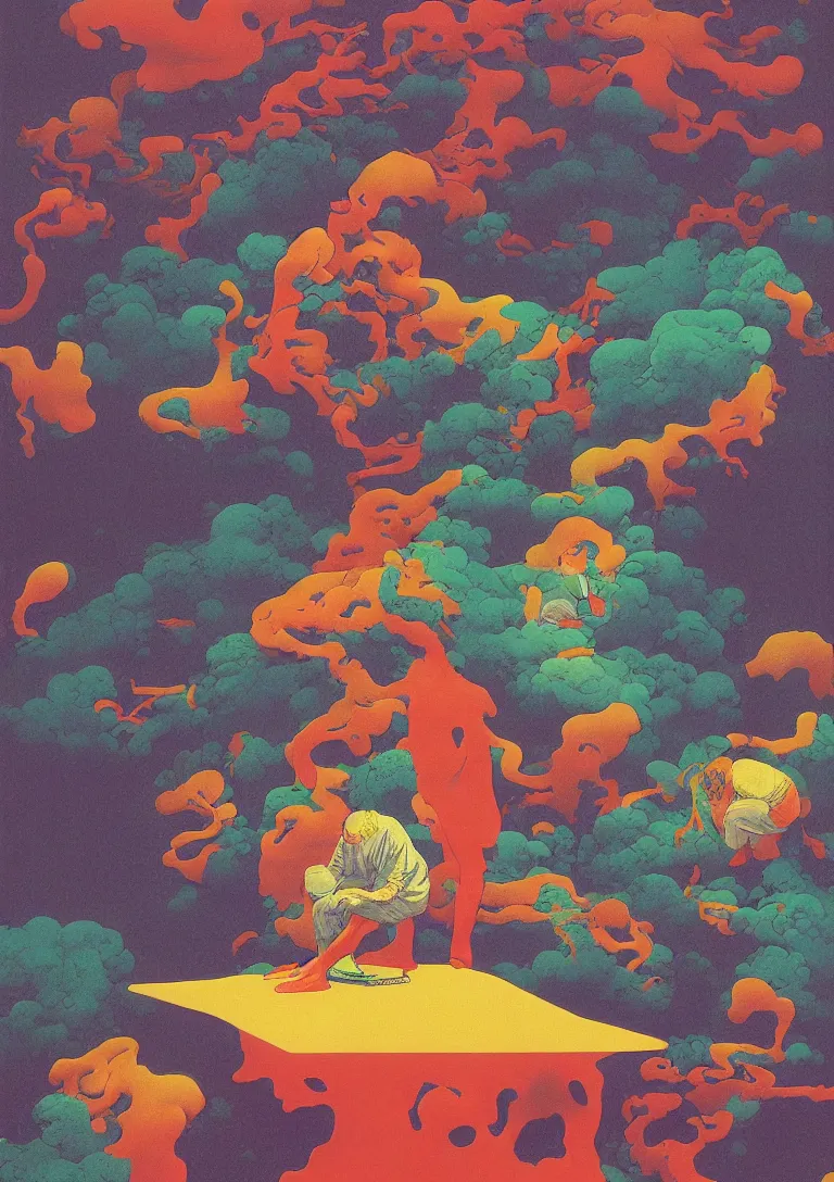 Prompt: a man licks LSD acid melting into a surreal psychedelic hallucination, screenprint by kawase hasui, moebius, Edward Hopper and James Gilleard, Zdzislaw Beksinski, Steven Outram colorful flat surreal design, hd, 8k, artstation