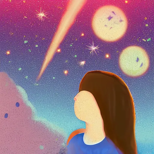 Image similar to a girl watching a meteorite fall from space, digital art