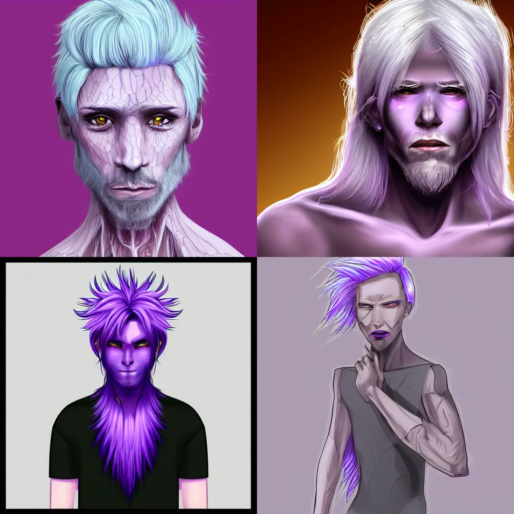 Prompt: human male with purple skin and white hair, detailed coherent digital drawing, trending on art station