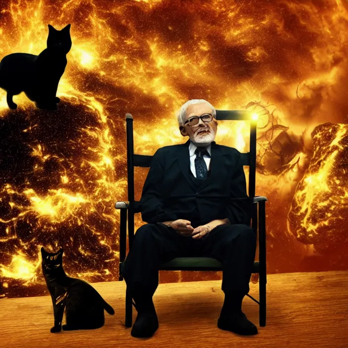 Image similar to cinematic movie, background blur bokeh, old man sitting in chair with black cat watching nuke explosion, world ending nuke, 4 k