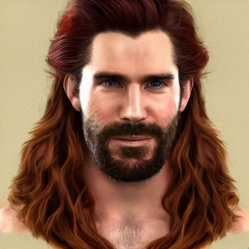 Image similar to portrait of a ruggedly handsome!!!!! male ship captain with long red hair!!!!!!, 30 years old, upper body, wavey hair, muscular, friendly, playful, D&D, hairworks, Unreal 4, fantasy, elegant, highly detailed, digital painting, hairworks, deviantart, artstation, concept art, sharp focus, dramatic lighting, illustration, art by Artgerm and Greg Rutkowski and Alphonse Mucha