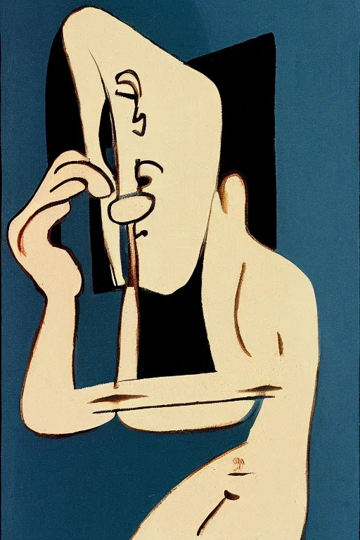 Image similar to man looking at his reflection in the mirror, 1960’s minimalist advertising illustration, painterly, expressive brush strokes