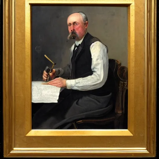 Image similar to portrait of an edwardian inventor, painted by charles edward halle