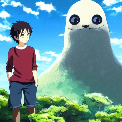 Image similar to friendly guy and small creature , with Fragile looking character portrait face made by Studio Ghibli highly detailed art, beautiful scene, sharp focus, smooth, 8k, anime art, wild, dark, fantasy, peaceful, sunshine, big eye, happy sunshine