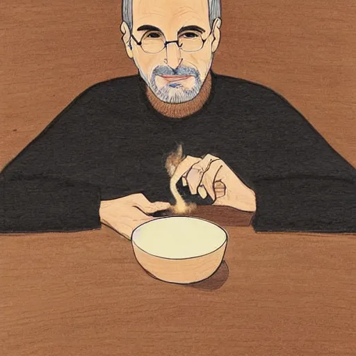 Image similar to a man who looks similar to steve jobs smoking tea leaves in a brown mahogany wood pipe, sitting in a rocking chair, legs crossed, looking directly at the viewer, art by rupi kaur