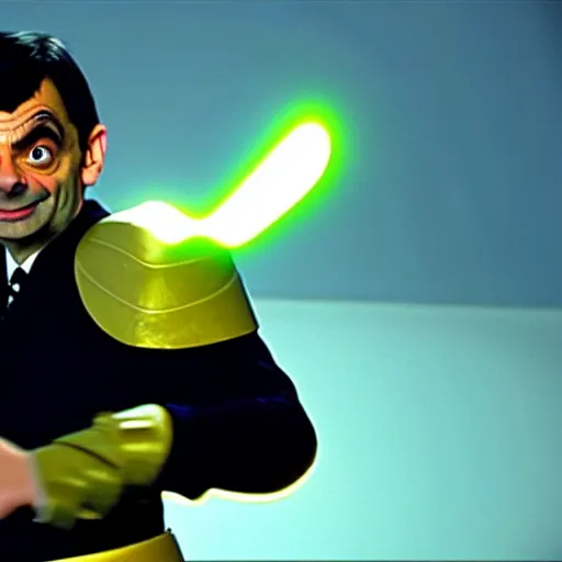 Image similar to mr. bean as powerranger. movie still. cinematic lighting.