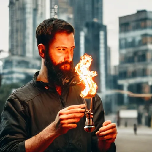 Prompt: man holding a flaming glass and steel metropolis in his hands