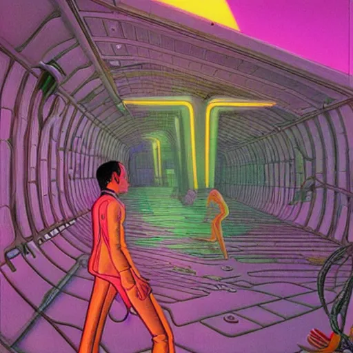 Prompt: feeling sick in the boost mobile neon nightmare realm as painted by Moebius and Ralph McQuarrie”