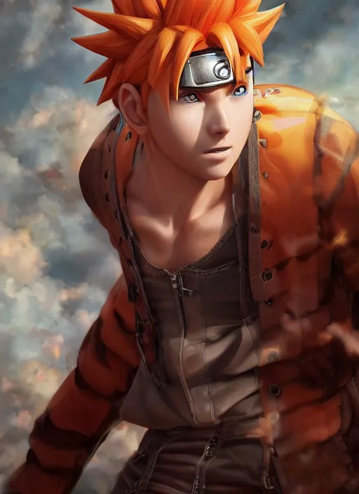 Image similar to ( ( ( hyperrealist cg an epic fantasy comic book style portrait painting of a naruto ) ) ) by daniel f. gerhartz and matt stewart, dramatic pose, fantasy, photorealistic, octane render, unreal engine, dynamic lighting, perfect factions, very detailed faces, trending on artstation, poster, volumetric lighting, 4 k, award winning