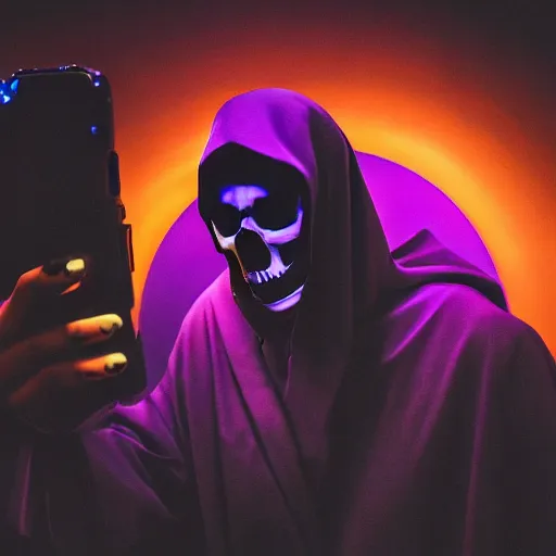 Image similar to dramatic cinematic scene of the Grim Reaper taking a selfie, mucha, colorful, purple, black, highly rendered, beautiful, cyberpunk, very highly detailed, symmetrical, archillect, moody lighting, glowing light and shadow, atmospheric, studio lighting, 8K