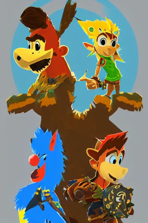 Prompt: an in game portrait of banjo and kazooie from the legend of zelda breath of the wild, breath of the wild art style.