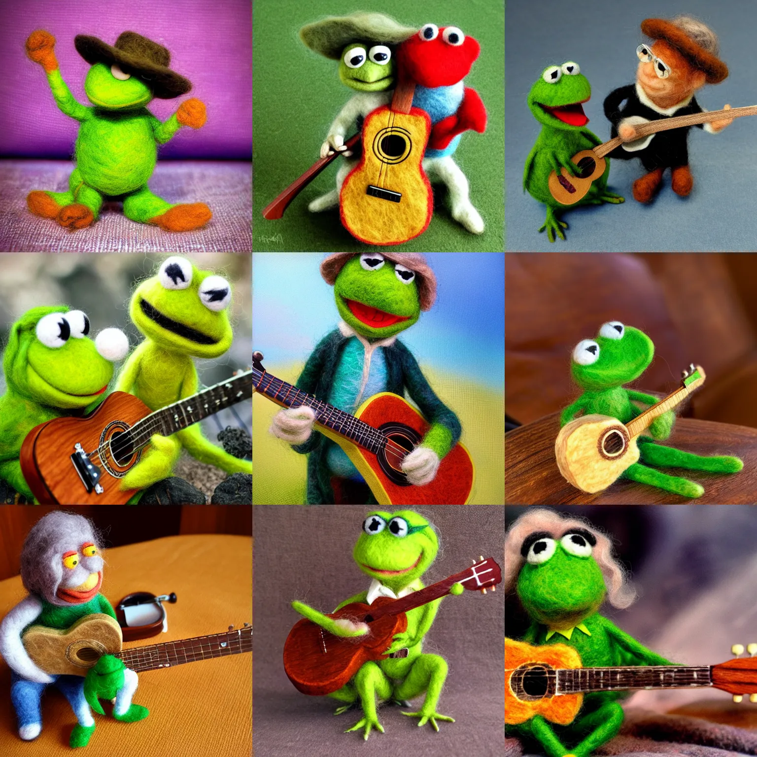 Prompt: needle felted John Denver playing guitar with Kermit the Frog, highly detailed, tilt shift, cute, hyperrealism, highly textured, god rays