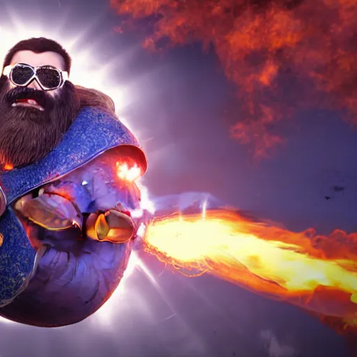 Prompt: highly detailed octane render of a short fat ugly man with a giant beard wearing goggles and blue armour is being blown up in an explosion