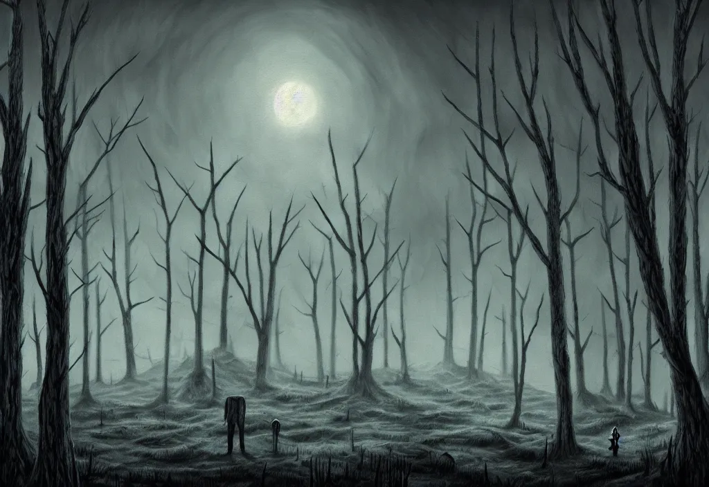 Prompt: folk horror illustration of the unknown nightmare place with the dead pines, horrifying nightmare forest at night, under a dead moon, 8k resolution artwork, horror art, eerie, creepy, trending on artstation, painting, elaborate excellent painted illustration, smooth, sharp focus