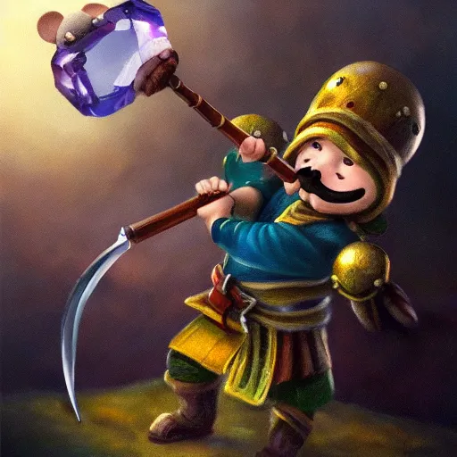 Prompt: mouse sword warrior grabs floating crystal, trending on Artstation, award winning, Oil Painting, 8k scan