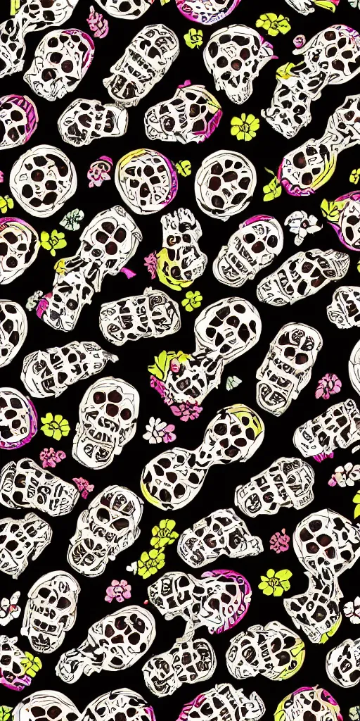 Prompt: seamless pattern of skulls, snakes, colourful, symmetrical, repeating 35mm photography