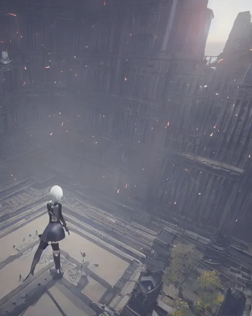 Image similar to unreal engine screenshot of 2B from Nier Automata and with slender body type standing on top of a large building, unreal engine, 8k