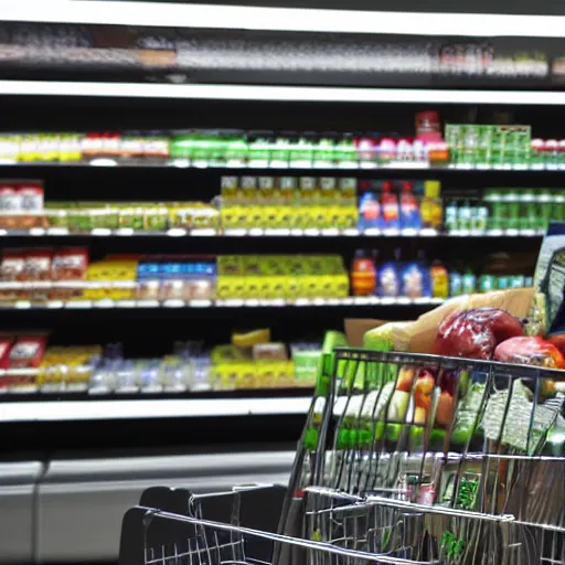 Image similar to empty grocery store, blurry shadow figure cashier, red eyes