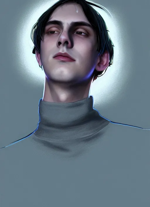 Image similar to portrait of teenage jughead jones wearing a light grey crown, crown, blue turtleneck, closed eyes, photorealistic, black hair, glowing lighting, intricate, elegant, glowing lights, highly detailed, digital painting, artstation, concept art, smooth, sharp focus, illustration, art by wlop, mars ravelo and greg rutkowski