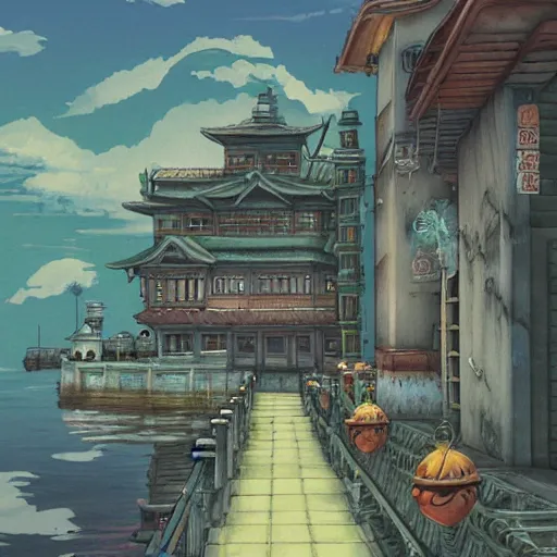 Image similar to spirited away detailed city landscape art by magic the gathering