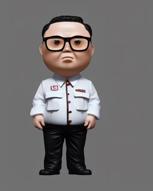 Image similar to full body 3d render of fat kim yong un as a funko pop, studio lighting, white background, blender, trending on artstation, 8k, highly detailed