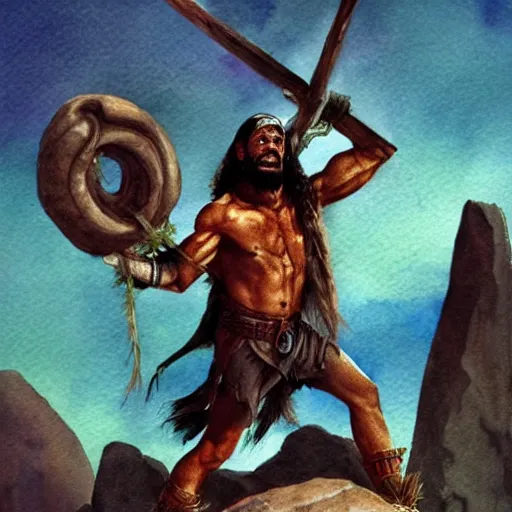 Image similar to randy savage with an anchor slung over his shoulder and foot heroically on a boulder posing in desolate wasteland | fantasy watercolour painting | middle earth | conan | darksun | d & d dungeons and dragons | barbarian