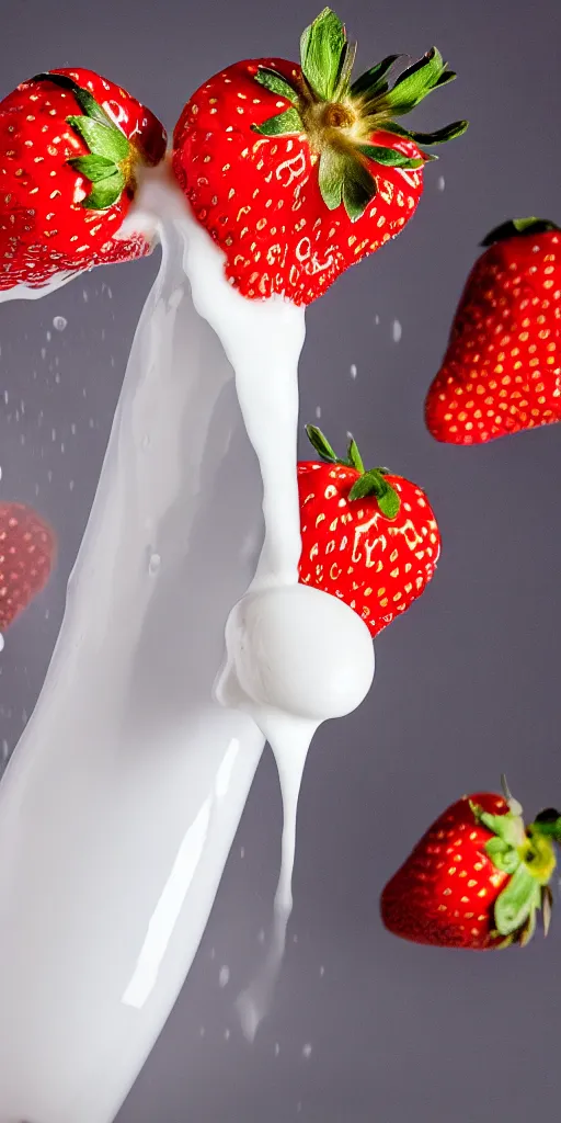 Image similar to a close up photo of milk pouring over a strawberry, macro, highly detailed, blurred background, studio lighting,