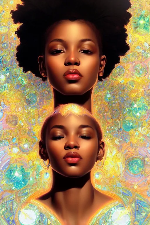 Image similar to beautiful black girl magic, shining glory in front of nebulae bursting halos, crisp digital painting by artgerm, by mucha by caravaggio and face by wlop