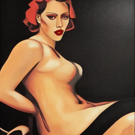 Image similar to Scarlett Johansson bathing, full body, in the style of Tamara de Lempicka