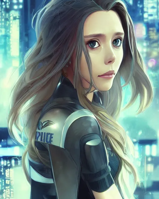 Prompt: anime key visual of elizabeth olsen police officer, cyberpunk, futuristic, perfect eyes, stunning features, very very very perfect face!!!, high details, digital painting, artstation, smooth face, soft focus, illustration, art by artgerm and greg rutkowski and alphonse mucha