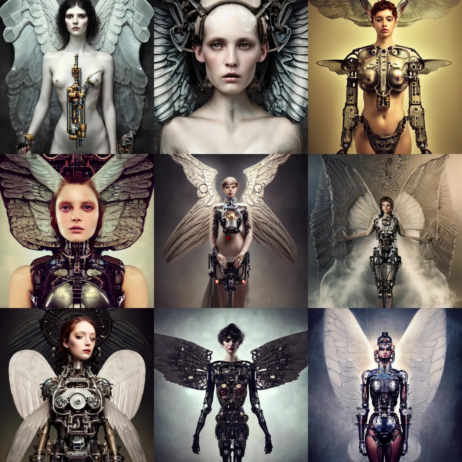 Prompt: a beautiful intricate fine art portrait photo of a a mechanical industrial steampunk cybernetic angel with wings, by tom bagshaw and zach sutton, perfection!, milk bath photography, studio lighting, 3 5 mm lens, very detailed, bionic, cybernetic scifi, deep depth of field, artstation, 8 k, highly coherent