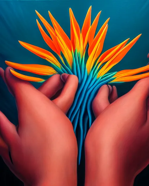 Image similar to neo-surreal high detail painting of human hands holding Birds of Paradise flowers robert steven connett dramatic orange light 8k high angle shallow depth of field