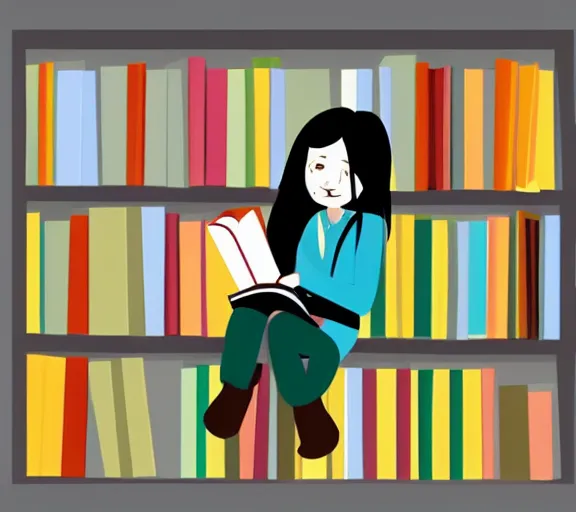 Prompt: A long black haired girl is reading a book in a library. No shading, flat colors, digital art