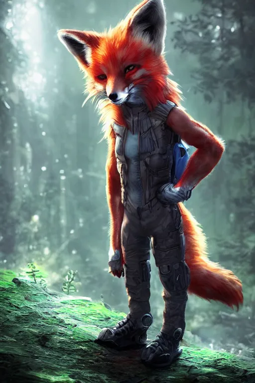 Image similar to a cyberpunk anthropomorphic fox with a fluffy tail in a forest, backlighting, cgi, rendered in unreal engine, trending on artstation, cartoon