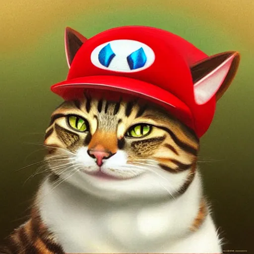 Image similar to Portrait of a Cat dressed as Super Mario, Mario hat, nintendo, highly detailed, digital painting, artstation, concept art, smooth, sharp focus, illustration, art by artgerm and greg rutkowski and alphonse mucha