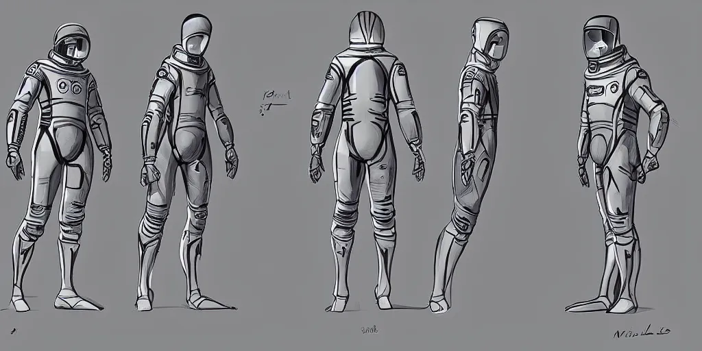 Prompt: male, space suit, character sheet, digital sketch, very stylized, large shoulders, short torso, long thin legs, cartoon proportions, tiny feet, concept design, by jean giraud