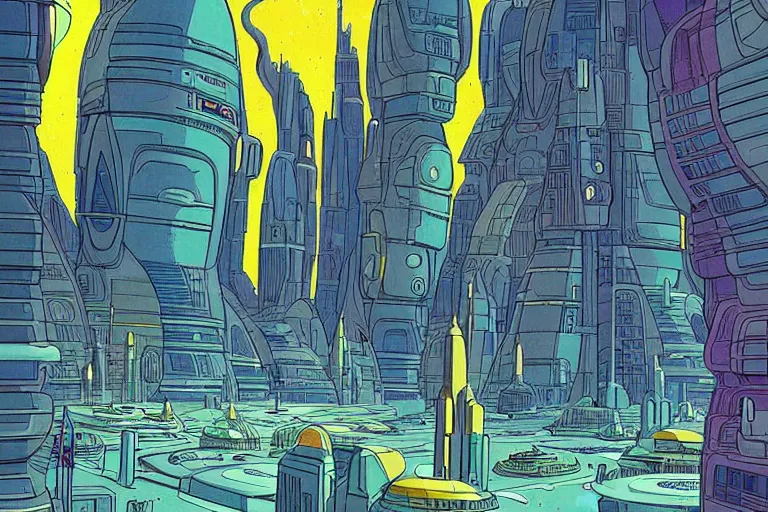 Image similar to a scifi illustration, Galactic City on Coruscant. flat colors, limited palette in FANTASTIC PLANET La planète sauvage animation by René Laloux