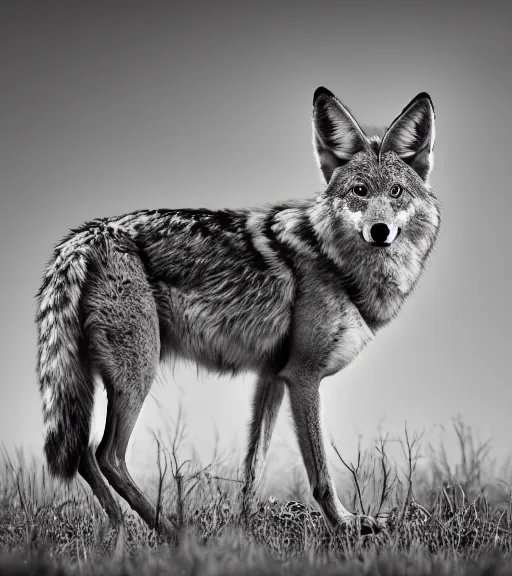 Prompt: Award winning Editorial photo of a wild coyote with dinner by Edward Sherriff Curtis and Lee Jeffries, 85mm ND 5, perfect lighting, gelatin silver process