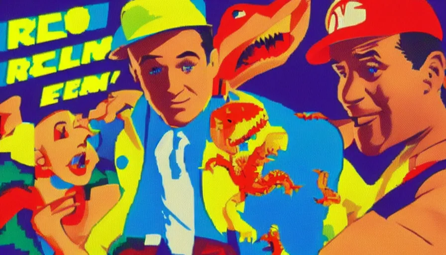 Image similar to beautiful still from retro snes arcade game featuring gene kelly demanding a refund on undercooked overpriced dinosaur steak in downtown dive bar bistro, hyperreal detailed facial features and uv lighting, retro nintendo bitmap pixel art