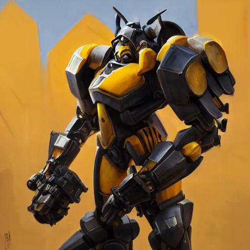 Image similar to greg manchess portrait painting of bumblebee the transformer as overwatch character, medium shot, asymmetrical, profile picture, organic painting, sunny day, matte painting, bold shapes, hard edges, street art, trending on artstation, by huang guangjian, gil elvgren, ruan jia, greg rutkowski, gaston bussiere