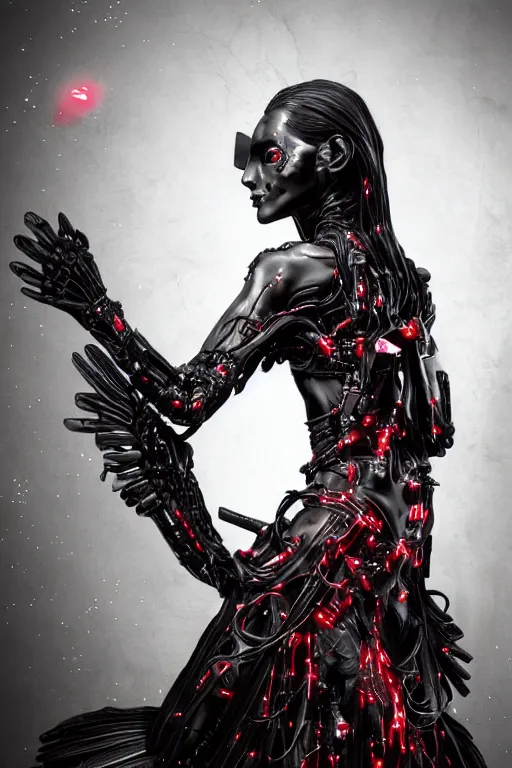 Image similar to full-body cyberpunk style sculpture of a young beautiful dark priestess, half android with a head opening exposing circuitry, glowing red eyes, black roses, flowing blood red colored silk, fabric, candles. baroque elements, human skull. full-length view. baroque element. intricate artwork by Caravaggio. crows flying in background. Trending on artstation, octane render, cinematic lighting from the right, hyper realism, octane render, 8k, depth of field, 3D